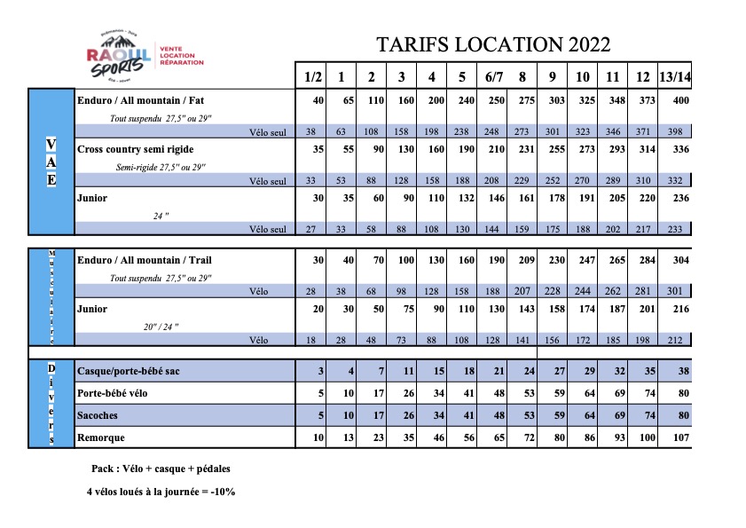 Tarifs locationH22 reference